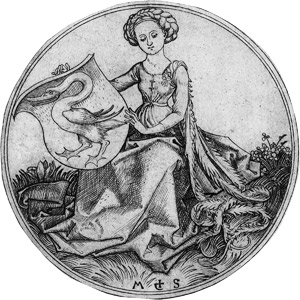 Lot 5210, Auction  115, Schongauer, Martin, Wappenschild mit einem Schwan, von einer sitzenden Frau gehalten
