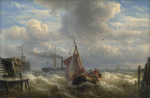 Lot 6066, Auction  115, Hünten, Franz Johann Wilhelm, Tjalk und Raddampfer auf bewegter See bei der Einfahrt in einen holländischen Hafen
