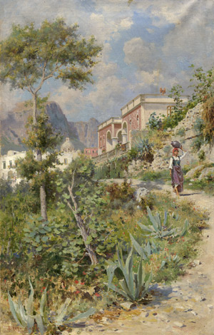 Lot 6100, Auction  115, Hay, Bernardo, Italienerin vor der Villa Pompeiana auf Capri, im Hintergrund die Kirche Santo Stefano