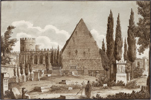 Lot 6238, Auction  115, Englisch, um 1830. Ansicht der Cestiuspyramide in Rom mit Zeichner und Spaziergängern; Ansicht der Ruinen der Bäder des Caracalla mit Staffage