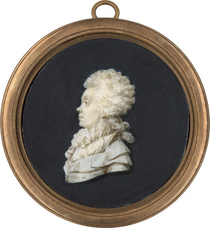 Lot 6463, Auction  115, Französisch, um 1790/1795. Grisaille-Profilbildnis nach links einer jungen Frau mit Lockenperücke