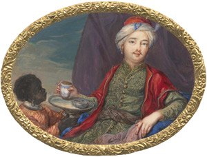 Lot 6468, Auction  115, Venezianisch, um 1720. Bildnis eines jungen Mannes in orientalischer Tracht, Kaffe trinkend, mit Sklave