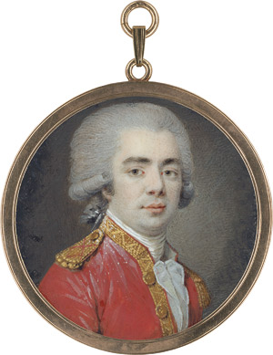 Lot 6494, Auction  115, Französisch, um 1780/1785. Bildnis eines jungen Offiziers in roter Uniform mit goldfarbiger Epaulette