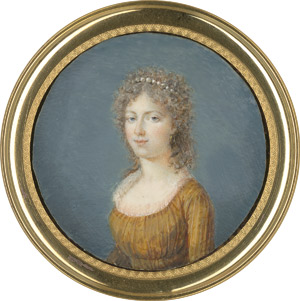 Lot 6521, Auction  115, Französisch, um 1790. Bildnis eines Mädchens in goldfarbogem Kleid mit Perlenkette im Haar