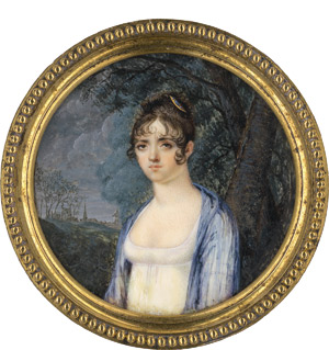 Lot 6530, Auction  115, Französisch, um 1800. Bildnis einer jungen Frau in weißem Kleid mit hellblauem Schal, mit großer spitzenbesetzter Haube