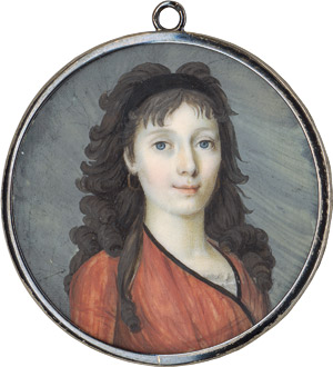 Lot 6532, Auction  115, Europäisch, um 1795. Bildnis einer jungen Frau mit langem braunen Lockenhaar, in lachsorangen Kleid