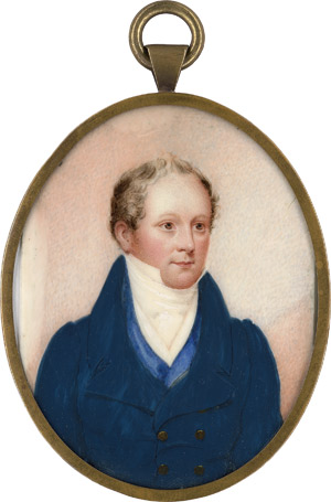 Lot 6535, Auction  115, Englisch, um 1820. Bildnis eines Mannes in blauer Jacke mit hellblauer Weste und weißem Kragen mit Halsbinde
