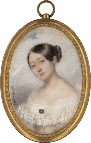 Lot 6537, Auction  115, D'aubigny geb. D'autel, Amélie, Bildnis einer jungen Frau in schulterfreiem weißem Kleid mit Brosche