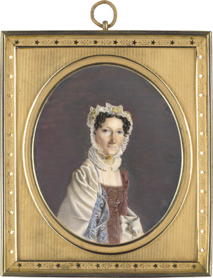 Lot 6543, Auction  115, Französisch, um 1815/1820. Bildnis einer Frau in hellbraunem Kleid und weißem Schal mit blau besticktem Rand