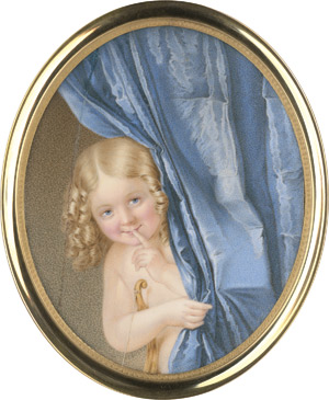 Lot 6560, Auction  115, Thiel, Franz, Bildnis eines blondgelockten Kindes mit Bogen, hinter Vorhang (gesprungen)