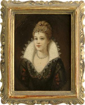 Lot 6567, Auction  115, Italienisch, Bildnis einer jungen Frau in dunklem Renaissance-Kleid mit weißen Spitzenkragen und reichem Schmuck