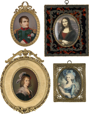 Lot 6572, Auction  115, Europäisch, frühes 20. Jahrhundert. 4 ovale Miniaturen darunter Bildnisse von Napoleon, Mona Lisa und Marie-Antoinette