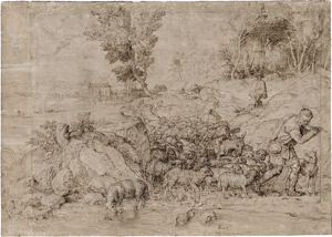 Lot 6604, Auction  115, Venezianisch, 16 Jh. Weite Flusslandschaft mit Schafsherde und Flöte spieldem Hirten