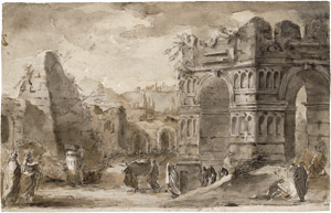 Lot 6685, Auction  115, Niederländisch, um 1800. Landschaftscapriccio mit Ruinen eines Triumphbogens und Pyramie