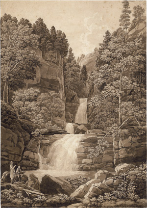 Lot 6770, Auction  115, Salathé, Friedrich, Zeichner an einem Wasserfall in bewaldeter Felslandschaft