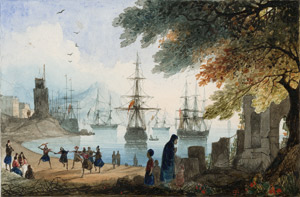 Lot 6815, Auction  115, Frey, Johann Jakob - zugeschrieben, Südliche Hafenszene mit ankernden Segelschiffen in einer Bucht