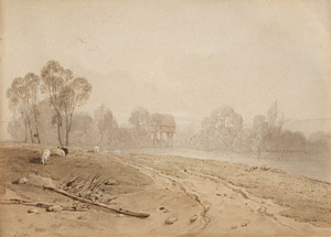 Lot 6821, Auction  115, Bonington, Richard Parkes, Flusslandschaft mit weidenden Schafen, im Hintergrund ein Gebäude auf Stelzen