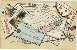 Lot 6905, Auction  115, Deutsch, 1806. Quodlibet mit Spielkarten, Briefen, Billets, Kalenderblättern, einer angebrannten Karte von Frankreich, Ahle, Schwere und Siegelwachs.