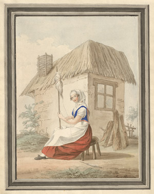 Lot 6914, Auction  115, Französisch, um 1800. Junge Frau beim Flachsspinnen