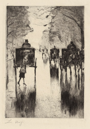 Lot 8498, Auction  115, Ury, Lesser, Regennasse Tiergartenallee mit Pferdedroschken: Dame mit Schirm überquert die Straße