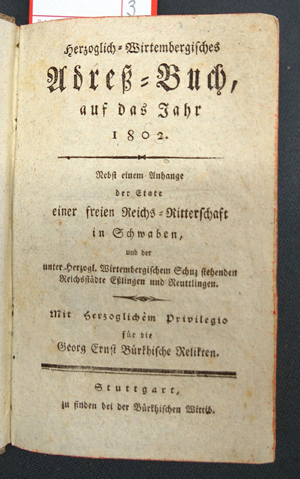 Lot 185, Auction  116, Herzoglich-Wirtembergisches Adreß-Buch, Nebst einem Anhange der Etate einer freien Reichs-Ritterschaft in Schwaben