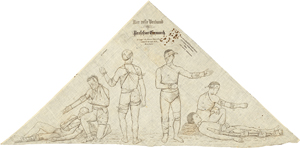 Lot 315, Auction  116, Esmarch, Friedrich von, Der erste Verband. Lithographischer Druck auf Dreiecksverband aus Baumwolltuch