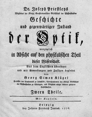 Lot 383, Auction  116, Priestley, Joseph und Klügel, Georg Simon, Geschichte und gegenwärtiger Zustand der Optik