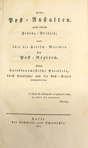 Lot 585, Auction  116, Hof-Spiegelberg, Alexander Freiherr, Über Post-Anstalten nach ihrem Finanz-Prinzip 