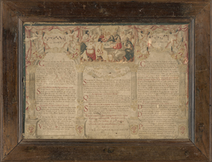 Lot 1018, Auction  116, Sacrum Convivium, (Heiliges Gastmahl). Barockes Pergamentbild mit Text und Miniatur