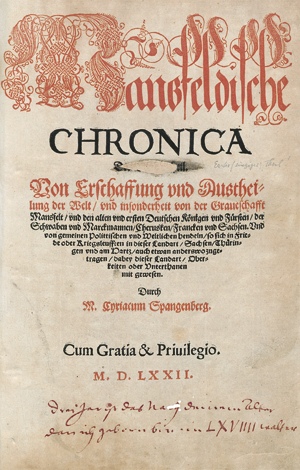 Lot 1125, Auction  116, Spangenberg, Cyriacus, Mansfeldische Chronica