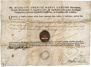 Lot 1177, Auction  116, Landini, Nicolaus Angelus Maria, Reliquienzertifikat mit eigenhändiger Unterschrift und montierter, eingefasster Knochenreliquie