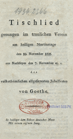 Lot 2264, Auction  116, Goethe, Johann Wolfgang von, Tischlied