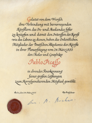 Lot 2501, Auction  116, Becher, Johannes R., Urkunde für Pablo Picasso