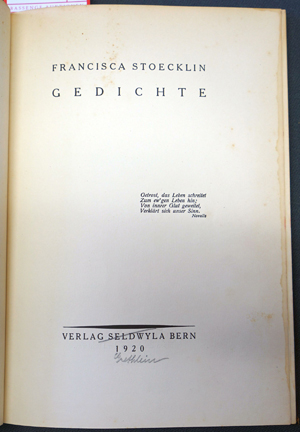 Lot 3937, Auction  116, Stoecklin, Francisca, Gedichte