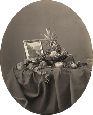 Lot 4045, Auction  116, Küss, Ferdinand, Still life with pineapple, peaches, grapes, apples, a fig, a plum, a walnut and framed picture