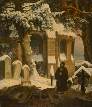 Lot 6042, Auction  116, Deutsch, 19. Jh. Mönch bei einer Abtei im Schnee