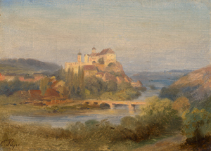 Lot 6102, Auction  116, Pape, Eduard Friedrich, Blick über eine Landschaft mit Schloss auf einem Felssporn