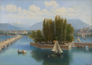 Lot 6124, Auction  116, Prestele, Carl, Blick auf Genf mit der Île Rousseau und der Mont-Blanc-Brücke
