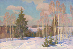 Lot 6217, Auction  116, Russisch, 20. Jh. . Russische Winterlandschaft mit Birken