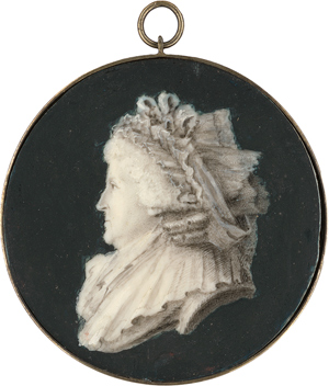 Lot 6454, Auction  116, Deutsch, um 1790. Miniatur Profilbildnis einer Frau nach links, in Grisaille auf blauem Grund