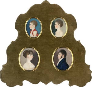 Lot 6457, Auction  116, Kontinentaleuropäisch, um 1805. Vier Miniatur Portraits einer jungen Familie, im Profil: Vater, Mutter, Tochter und Sohn