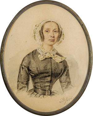 Lot 6460, Auction  116, Passot, Gabriel-Aristide, Miniatur Portrait einer jungen Frau in grauem Kleid mit Spitzenkragen und Spitzenhäubchen
