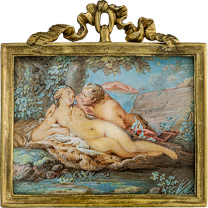Lot 6462, Auction  116, Charlier, Jacques - Werkstatt, Miniatur Portrait einer nackten Frau als Nymphe, mit einem Satyr in Flußlandschaft liegend