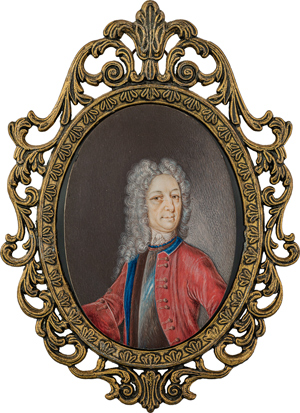 Lot 6469, Auction  116, Norddeutsch, um 1710/1720. Miniatur Bildnis eines Mannes mit Perücke, in blau gefütterter roter Jacke über Stahrharnisch