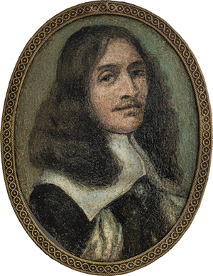 Lot 6473, Auction  116, Niederländisch, um 1650/1660. Miniatur Portrait eines langhaarigen Mannes in Schwarz mit weißem Kragen 
