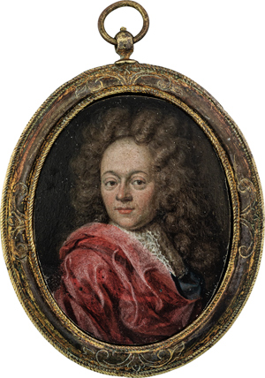 Lot 6475, Auction  116, Deutsch, um 1700. Miniatur Portrait des Markgrafen Georg Friedrich von Brandenburg-Ansbach mit rotem Überwurf