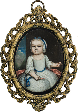Lot 6476, Auction  116, Englisch, um 1730/1740. Miniatur Portrait eines weiß gekleideten Kindes mit Korallen-"teether"