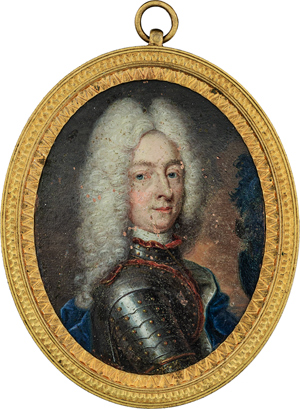 Lot 6478, Auction  116, Europäisch, um 1710/1720. Miniatur Portrait eines Mannes mit langer weiß gepuderter Perücke in Harnisch und blauem Samtmantel