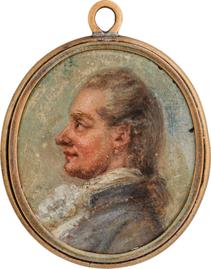Lot 6479, Auction  116, Deutsch, um 1770/1780. Miniatur Profil Portrait eines jungen Mannes in fliederfarbener Jacke, plus 2 Beigaben