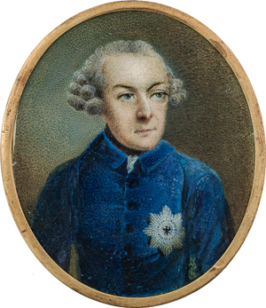 Lot 6482, Auction  116, Preußisch, um 1765/1770. Miniatur Portrait des Königs Friedrich II. von Preußen in blauer Uniform mit Orden